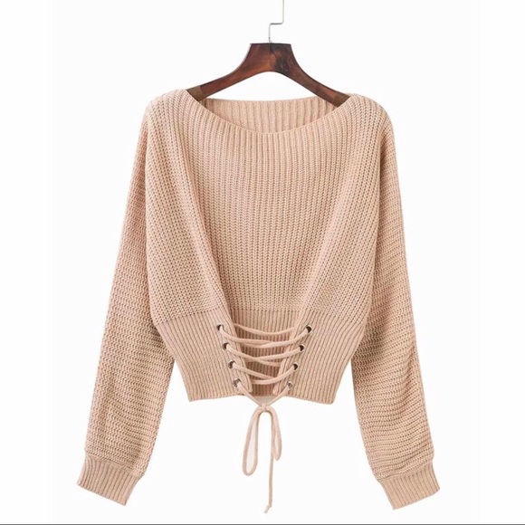 Batwing Sleeve Lace Up Sweater in Khali - Picture 4 of 6